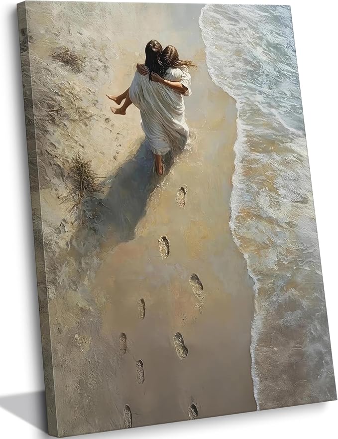 YOXORDQ Jesus Holding Woman Canvas Wall Art Christian Beach Picture Prints by YOXORDQwallart
