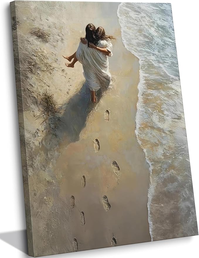 YOXORDQ Jesus Holding Woman Canvas Wall Art Christian Beach Picture Prints by YOXORDQwallart