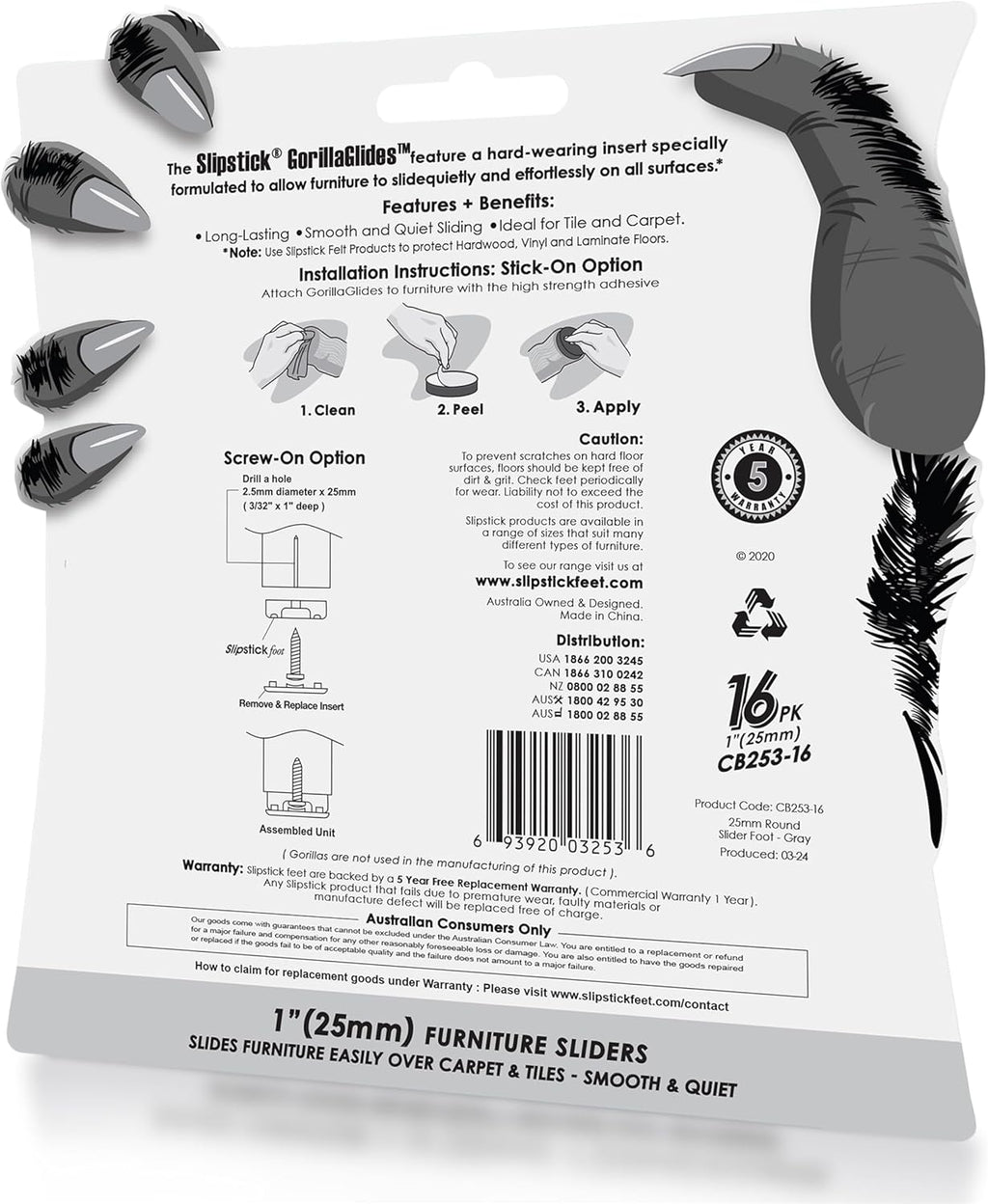 GorillaGlides 1 Inch Chair Sliders/Furniture Floor Protectors (16 Furniture Glides) Self-Adhesive Screw On Chair Glides for Sliding on Low-Pile Carpet & Hard Surface Floors, Round