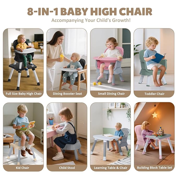 Baby High Chair, 8 in 1 Convertible Highchairs for Babies and Toddlers, Children Dining Booster Seat/Kids Building Block Table for Girls Boys, Baby Seat with Removable Tray,Pink & White