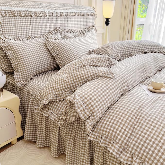 mixinni Tan Gingham Ruffle Duvet Cover Full Size 3 Pieces – 100% Washed Cotton - Image 2