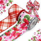 2 Rolls Red Floral Wired Ribbon, 2.5 Inch x 10 Yards Each, Vintage Red Pink by YIPRONS