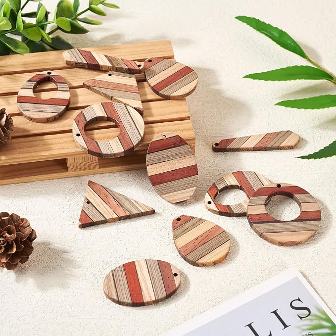 FASHEWELRY 12Pcs Striped Resin Wood Earring Charms Boho Wooden Earring Blanks - Image 6