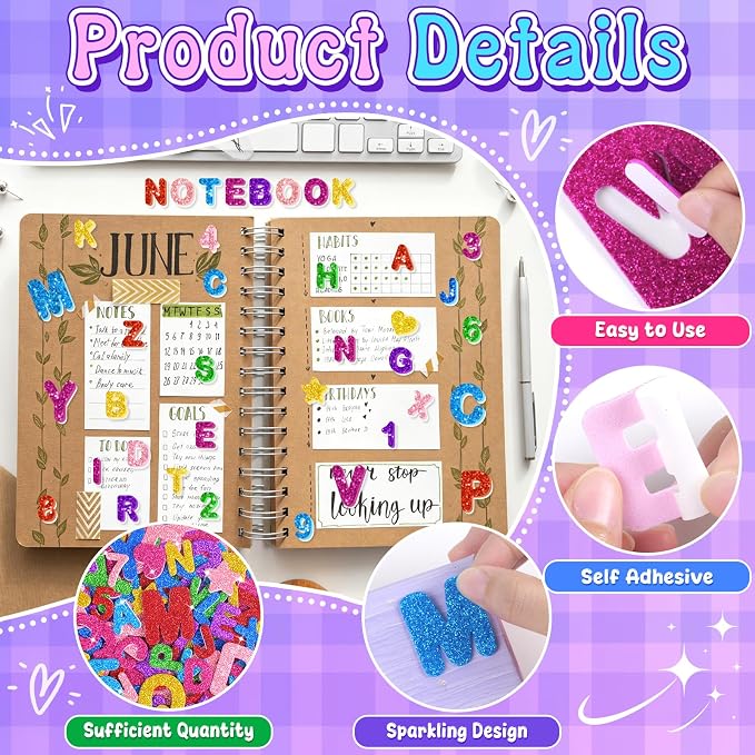 616PCS Glitter Foam Letter Stickers, Colorful Alphabet Number Stickers - Image 3
