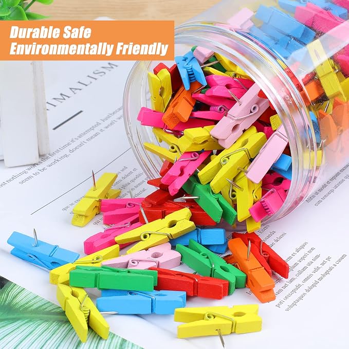 260 PCS Colorful Push Pin with Wooden Clips, Durable Wooden Push Pins, - Image 5