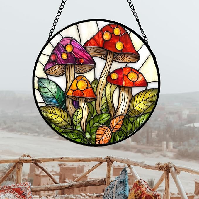 DASTOLL Stained Glass Window Hanging, Mushroom Leaves Suncatcher - Image 3