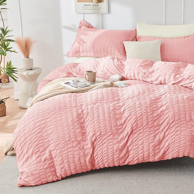 HYMOKEGE Pink/Ivory Duvet Cover Full Size, Ultra Soft 3-Piece Seersucker Duvet by HYMOKEGE