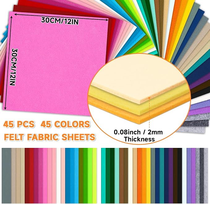45 PCS Felt Fabric Sheets 12 x 12 Inch 2mm Craft Felt Sheets | 45 Assorted - Image 2
