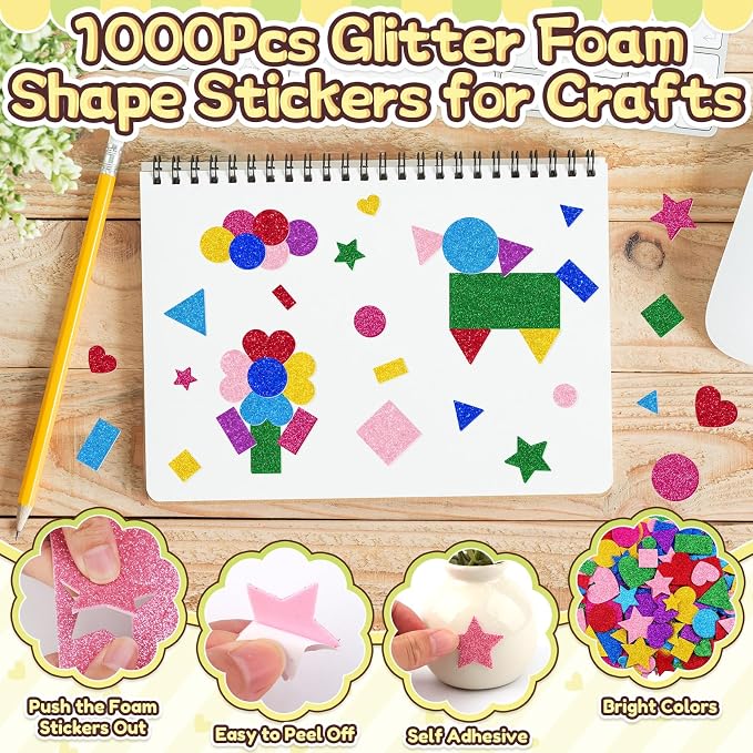 1000Pcs Glitter Foam Stickers, Colorful Self Adhesive Geometric Foam Stickers - Image 3