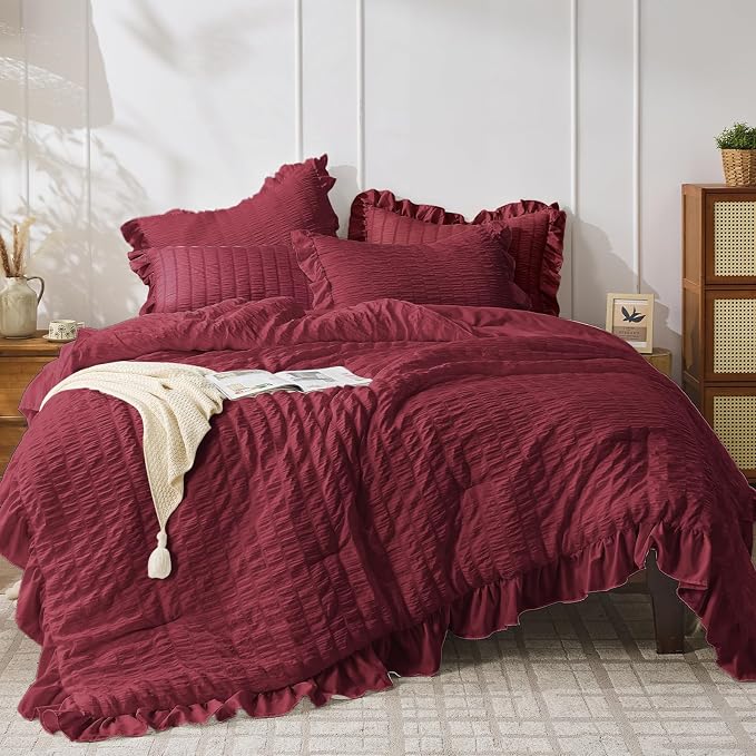 JOLLYVOGUE Twin Size Comforter Set, 2 Pieces Burgundy Seersucker Lightweight by JOLLYVOGUE