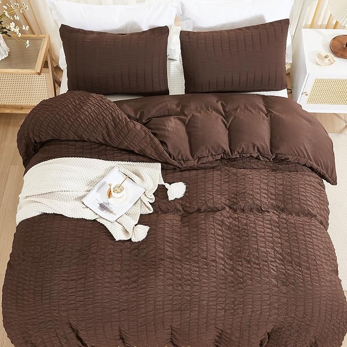 AveLom Brown Duvet Cover King, 3 Pieces, Seersucker Striped Soft Washed - Image 7