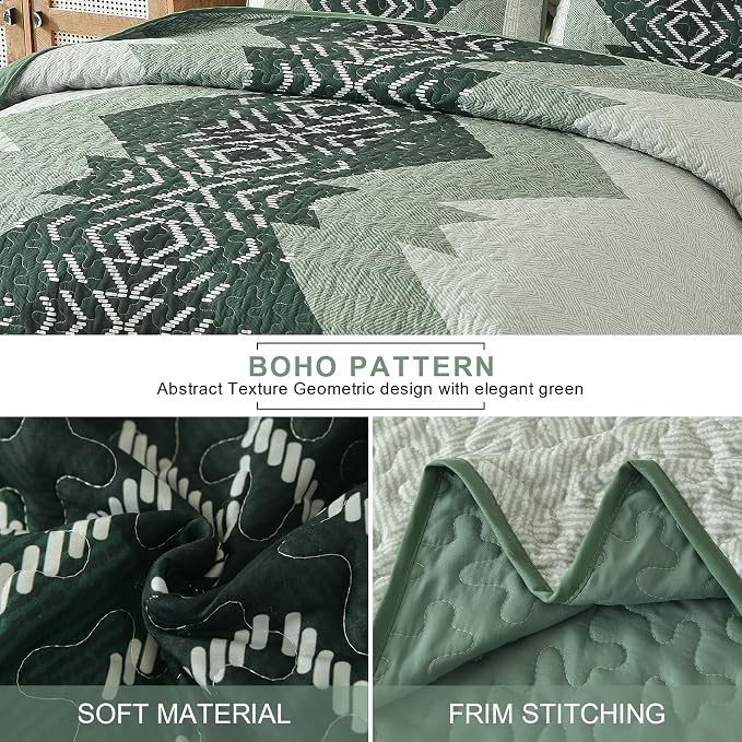 Dintszyayue Green Boho Quilt Set King Size, 3 Piece Aztec Texture Bedspread - Image 4