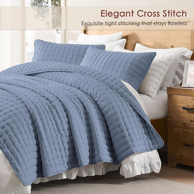 WDCOZY Dusty Blue Oversized King Quilt Set, California Cal King Rustic Bedspread - Image 2