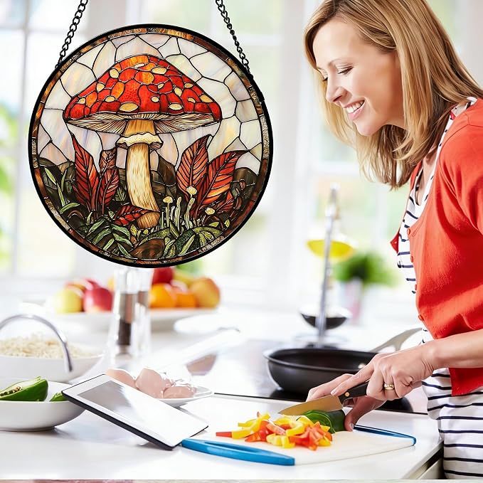DASTOLL Stained Glass Window Hanging, Big Red Mushroom Suncatcher - Image 5