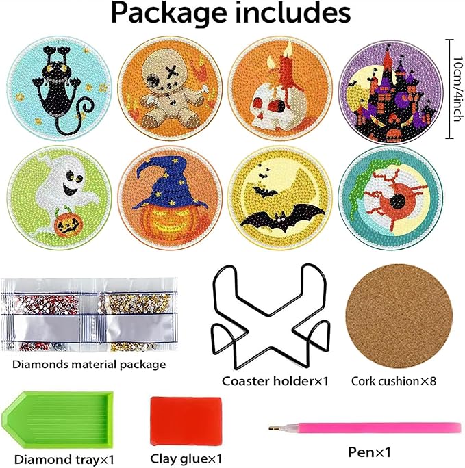 Clendo 8 PCS Halloween Diamond Art Coasters Kits, Cute Diamond Painting Coaster - Image 2