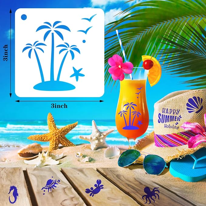 Augshy 56 Pack Summer Stencils for Painting, 3 Inch Beach Crafts Template | - Image 2