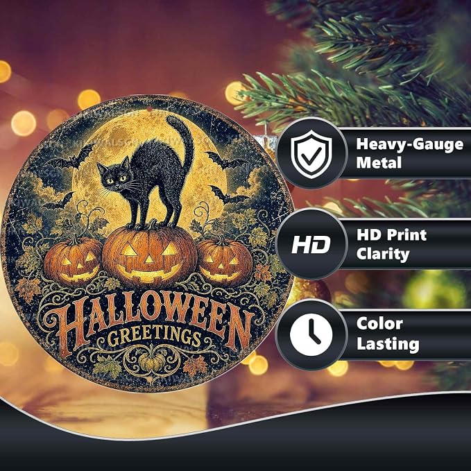 Vintage Black Cat Halloween Metal Tin Sign Round Wall Decor Jack O Lantern - Image 4