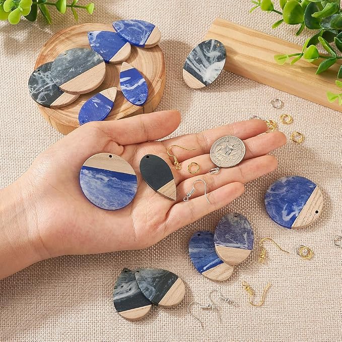 FASHEWELRY 16Pcs Teardrop Round Resin Wood Earring Charms Black Blue Wooden - Image 6