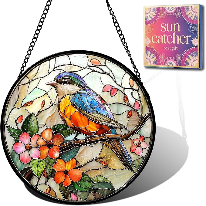 Birds and Flower Acrylic Suncatcher Faux Stained Glass Window Hanging 9.8" | by Unknown