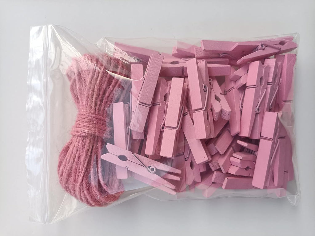 1.9" Pink Wooden Clothes Pins DIY Photo Garland Baby Shower Bag Clips Decorative Clothespins with Jute Twine Pack 50