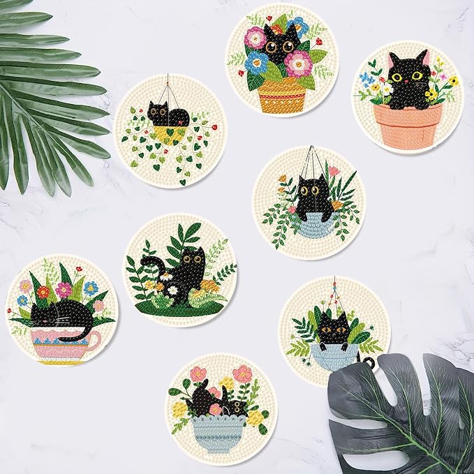 Clendo 8 Pcs Black Cat Diamond Art Coasters Kit - Image 6
