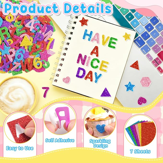 784 Pcs Foam Letter Stickers Glitter, Self-Adhesive Glitter Alphabet Stickers 1 - Image 3