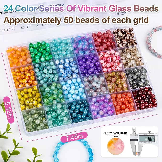 XSEINO About 1200+ PCS 6mm Ink Style Glass Beads Bracelet Making Kit, 24 - Image 3