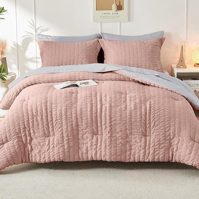 HYMOKEGE Rose Gold/Light Grey King Size Comforter Set Seersucker 7 Pieces - Image 9