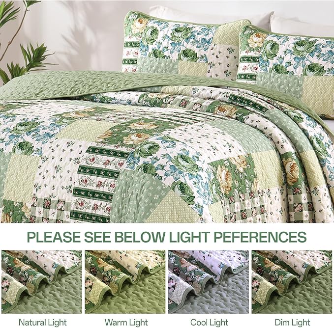 Anibedding Patchwork Quilt Set Queen Size Sage Green Floral Bedspread Coverlet - Image 5