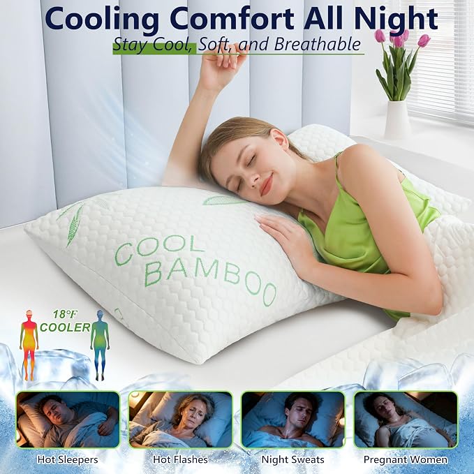 Shredded Memory Foam Pillows, Cooling Pillows Queen Size Set of 2 Adjustable - Image 2