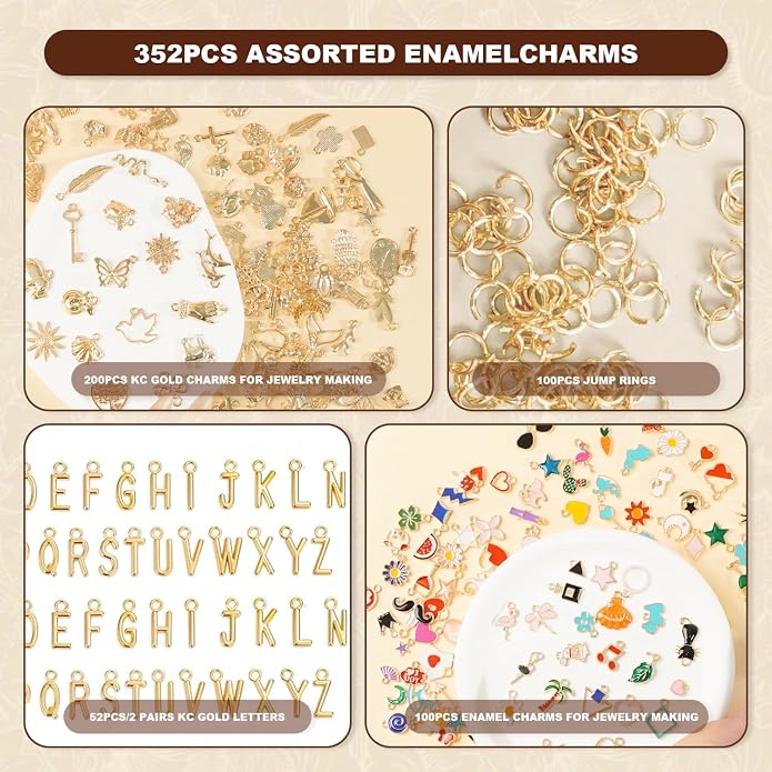 352 Pcs Assorted Charms for Jewelry Making, Mixed Enamel KC Gold Alloy Letter - Image 2