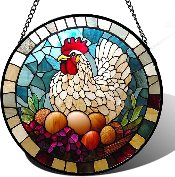 DASTOLL Stained Glass Window Hanging White Chicken Hatching Eggs Large 15" by DASTOLL