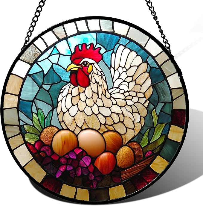 DASTOLL Stained Glass Window Hanging White Chicken Hatching Eggs 9.8" by DASTOLL