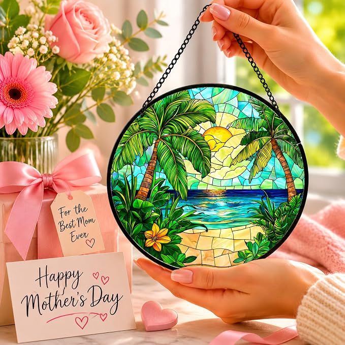 Sunset Beach Acrylic Suncatcher Faux Stained Glass Window Hanging 6.3" | - Image 4
