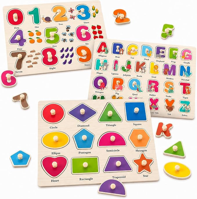 Wooden Peg Puzzles for Toddlers, 3 Pack Large Wooden Knob Puzzles for Ages 3-5 by NASHRIO