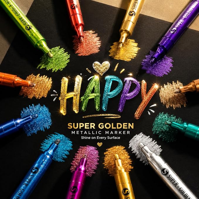 SAKEYR Super Golden Metallic Paint Markers, 12 Colors Sparkle Metallic Glitter - Image 2