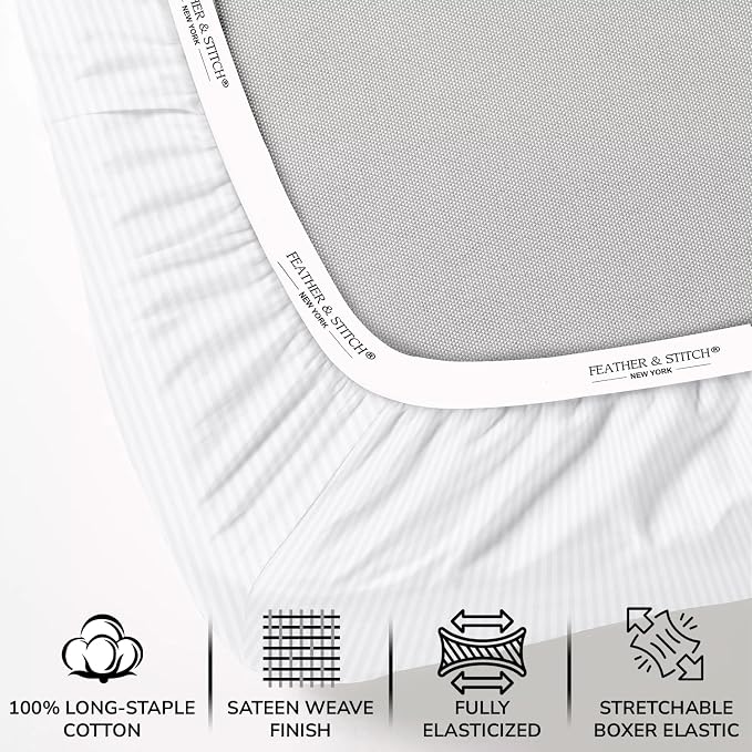 Feather & Stitch 1 Piece Fitted Sheet Full Size, 100% Cotton Damask Sateen Weave - Image 2