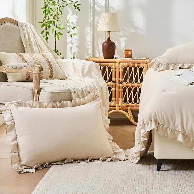 FUANNA Queen Comforter Set Beige 3 Pieces, Ruffle Shabby Chic Queen Bed Set - Image 6