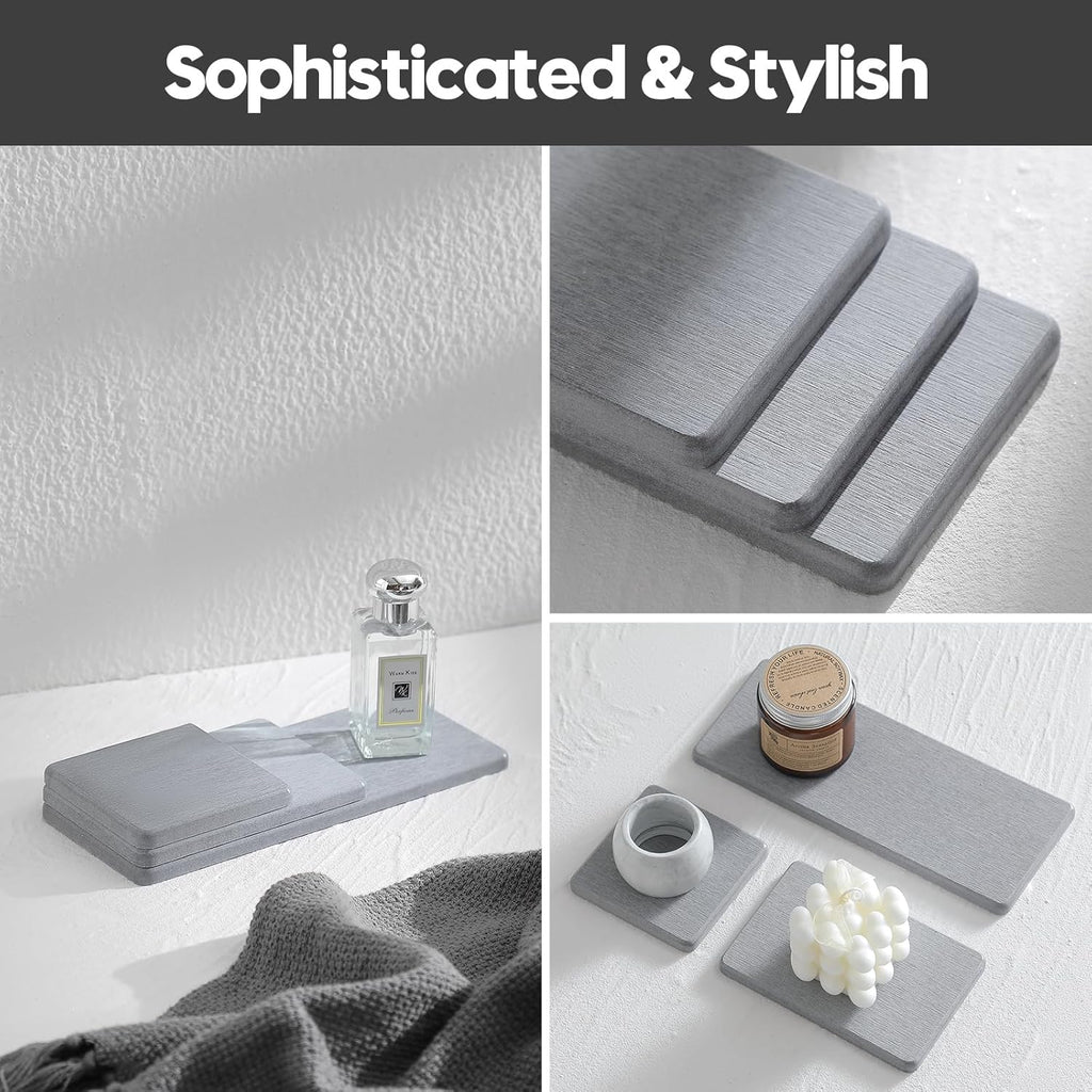 3PCS Bathroom Sink Vanity Trays, Quick Stone Drying Mat Dish Soap Dispenser Sponge Holder for Kitchen Counter, Diatomaceous Earth Water Absorbing Caddy Organizer, Light Grey