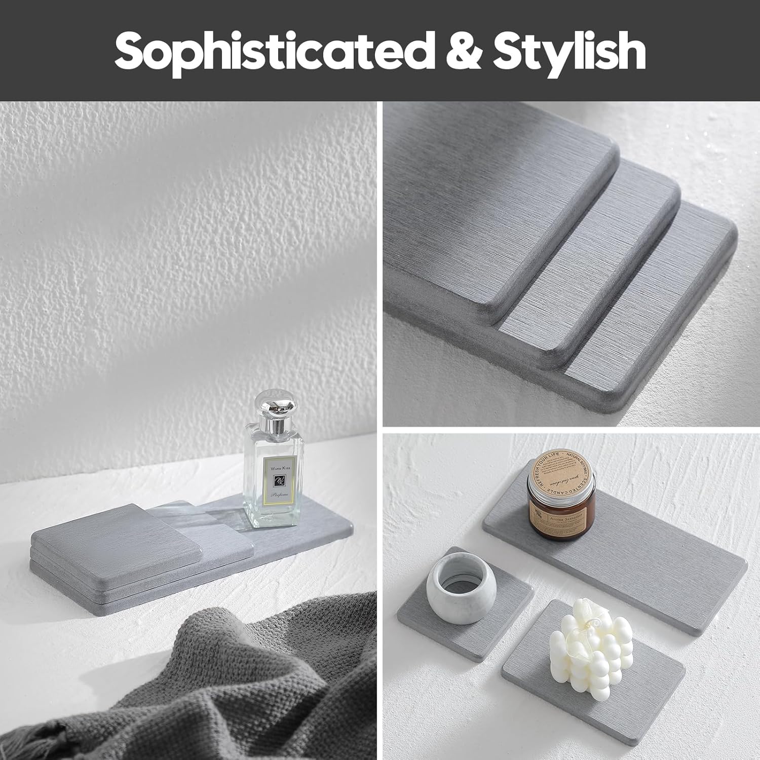 3PCS Bathroom Sink Vanity Trays, Quick Stone Drying Mat Dish Soap Dispenser Sponge Holder for Kitchen Counter, Diatomaceous Earth Water Absorbing Caddy Organizer, Light Grey