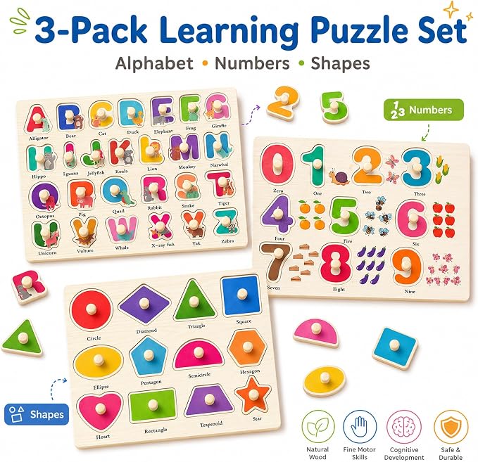 Wooden Peg Puzzles for Toddlers, 3 Pack Large Wooden Knob Puzzles for Ages 3-5 - Image 2