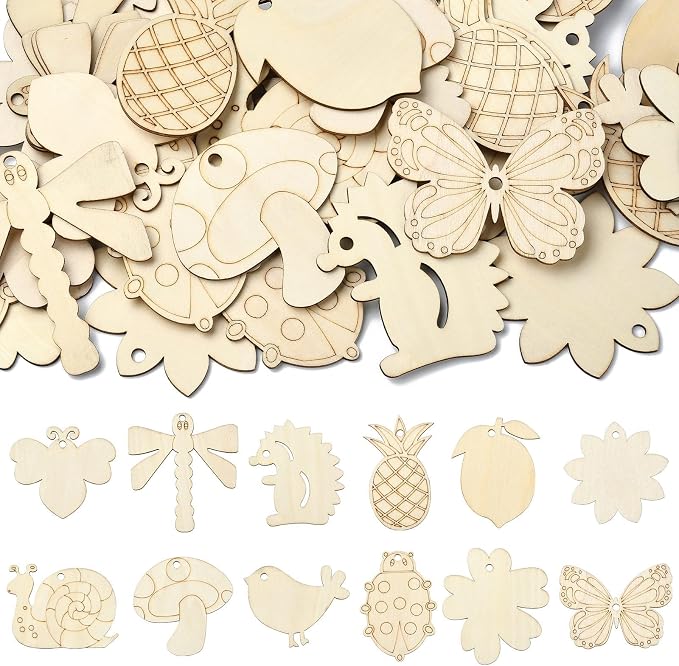 60 pcs 12 Styles Insect Animal Theme Undyed Wood Cutout Charms Butterfly by Gythara