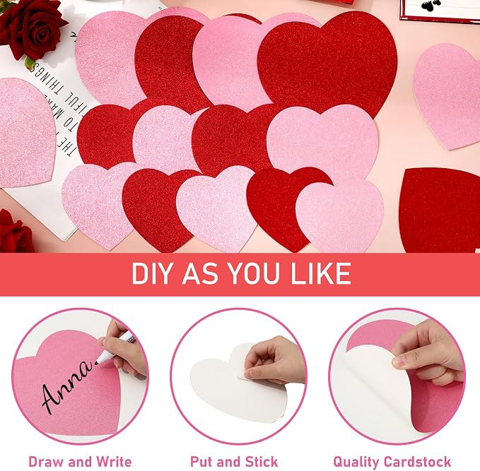 JarThenaAMCS 45Pcs Valentine' s Day Paper Cutouts Red Pink Glitter Heart Shape - Image 3