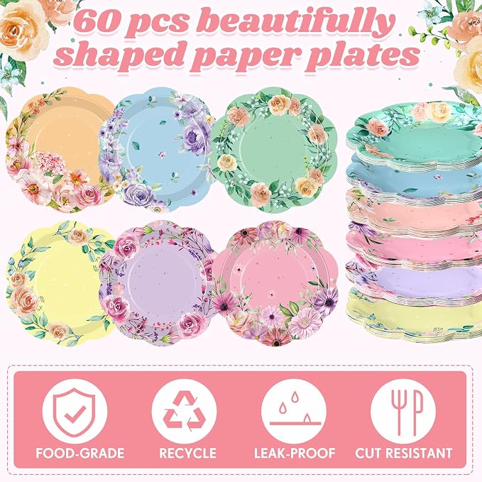 Funnymoom 60 Pcs Floral Party Plates Floral Disposable Paper Plates, 7 Inch - Image 3