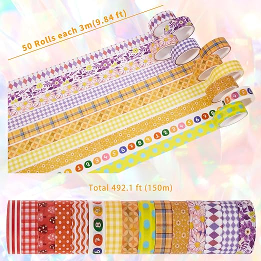 emmoolife 50 Rolls Washi Tape Set, 15mm Wide Rainbow Colored Tape Aesthetic - Image 3