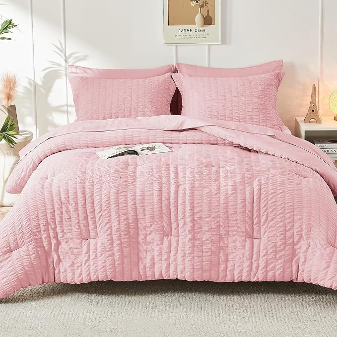 HYMOKEGE Pink California King Comforter Set Seersucker 7 Pieces, All Season - Image 9