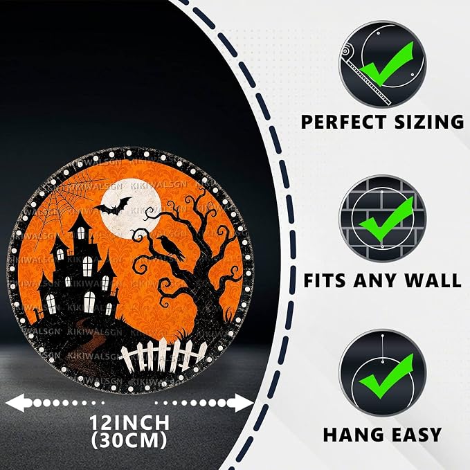 Haunted House Halloween Metal Tin Sign Round Wall Decor Bat Crow Dead Tree - Image 2
