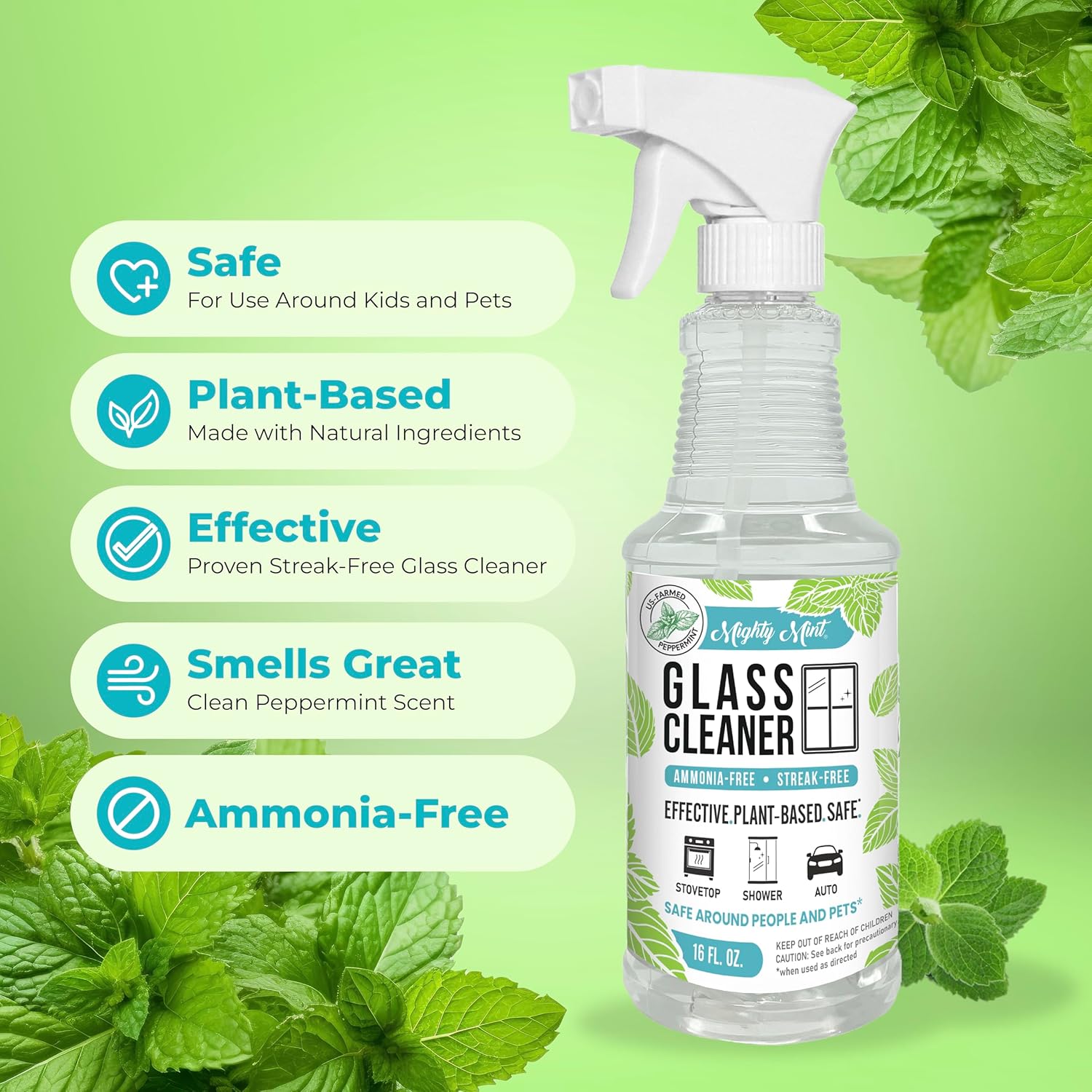 Mighty Mint Glass Cleaner, Ammonia-Free, Streak-Free Spray for Windows, Screens, Stovetop, Bathroom, Natural Peppermint Scent, 16oz (Pack of 2)
