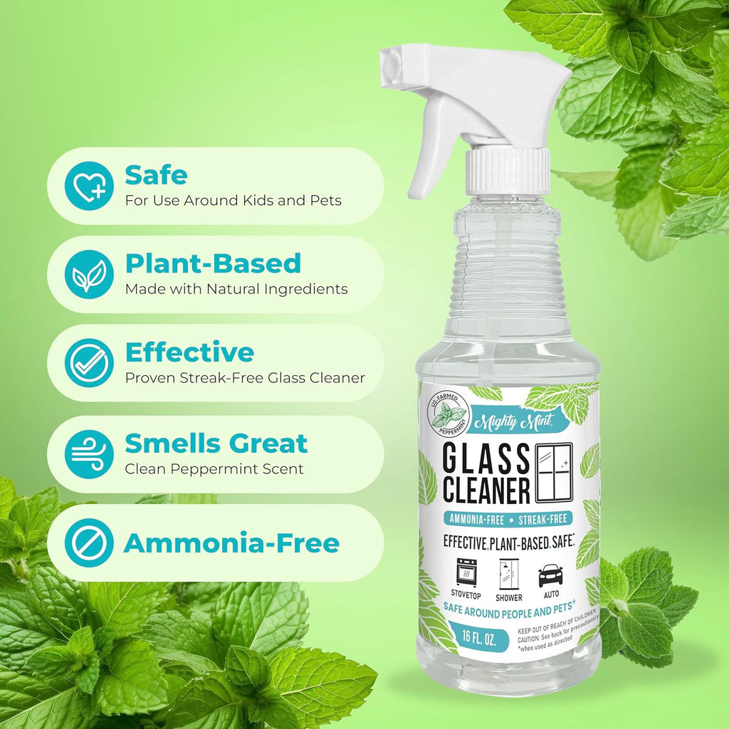 Mighty Mint Glass Cleaner, Ammonia-Free, Streak-Free Spray for Windows, Screens, Stovetop, Bathroom, Natural Peppermint Scent, 16oz