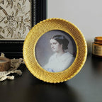 Cuspin 5x5 Round Picture Frame Gold, Vintage Woven Rattan Textured Circle Photo - Image 2